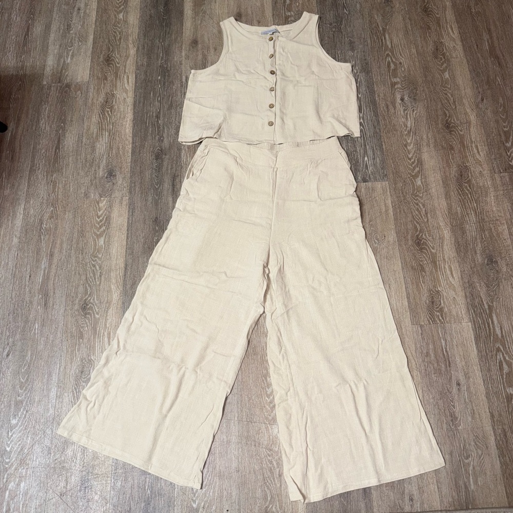 Miss Sparking Button-Front Linen Blend Wide-Leg Top and Pants. Like new cond. L